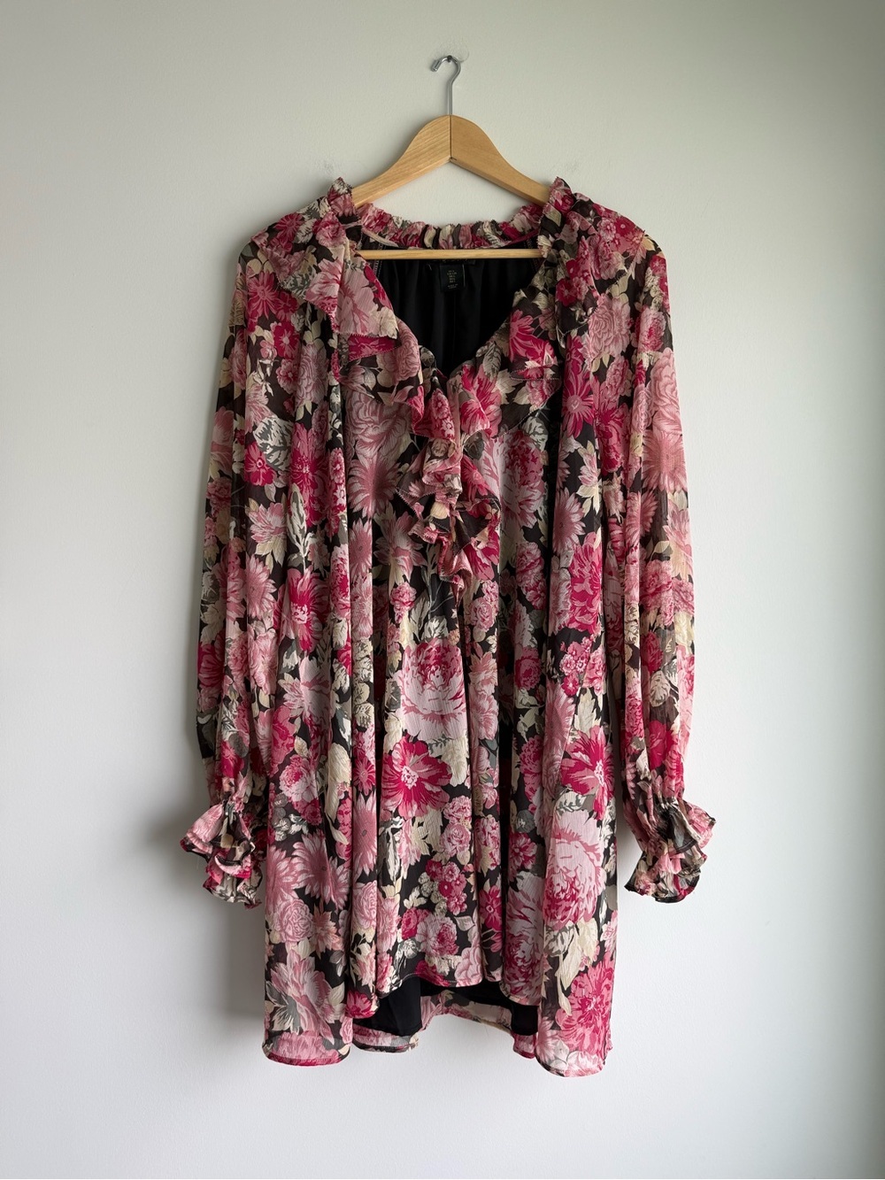 House of Harlow 1960 Floral Ruffle Long Sleeve Mini Dress Large Boho